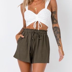 Princess Polly Khaki high waisted flowy shorts